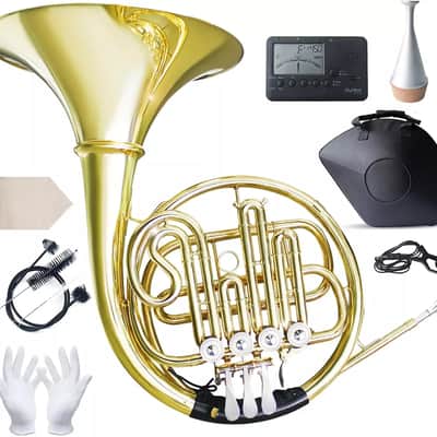 B♭ Single French Horn – 4-Key Brass Lacquer Gold Finish w/ Case, Mute, Gloves & More | Lightweight & Easy to Play image 1