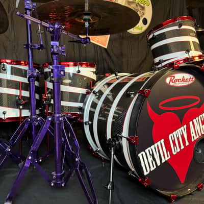 Rikki Rockett's, Rockett Drum Works, Devil City Angels, Carbon Fiber Shell, 22", 12", 14", 16", Matching 6x14" Snare. 2015 SIGNED!! image 1