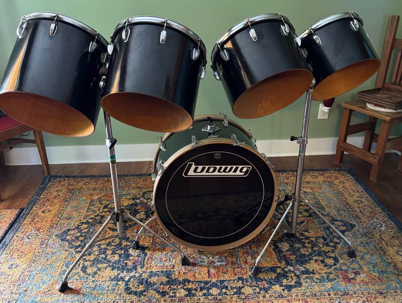 Ludwig 70's Quadra Plus Drum Set Black  Vintage Blue & Olive Badge Read Listing image 1