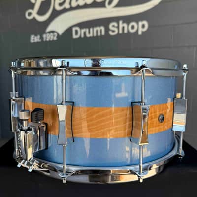 ~RARE!~ Pork Pie USA Custom 6.5x14 Maple/Brass Hybrid Snare Drum in Porcaro Blue Metallic Sparkle with Curly Maple Center (Rm 4) image 3