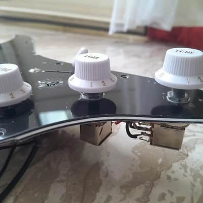 Handmade prewired SSS NEODYMIUM Stacked coils PU's Strat pickguard with HB split on N&B, volume TR BL and mid PU cutoff switch image 5