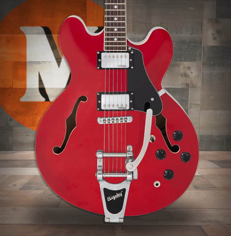 Vintage VSA500B ReIssued Semi Acoustic Guitar w/Bigsby - Cherry Red (VSA500BCR) image 1
