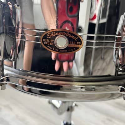 Slingerland No. 130 Gene Krupa Sound King 5x14" 8-Lug Chrome Over Brass Snare Drum with Zoomatic Strainer 1963 - 1977 - Chrome image 1