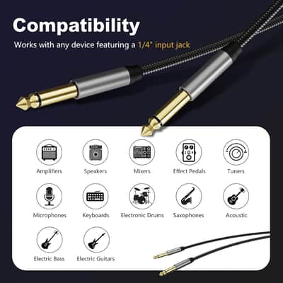 6.35mm Instrument Cable 30Ft,Silver Color Premium 6.35mm Mono Jack 1/4" TS Cable Unbalanced Guitar Patch Cords/Instrument Cable Male to Male with Zinc Alloy Housing and Nylon Braid(30Ft/10M) image 2