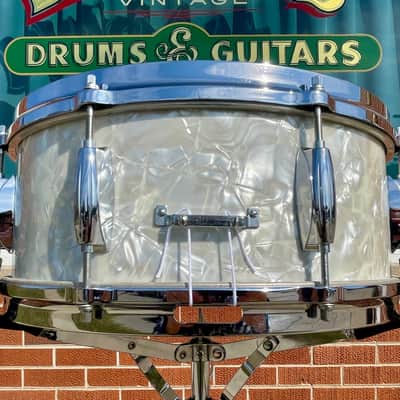 1970s Gretsch 4103 Renown 5.5x14 Snare Drum Stop Sign Badge White Marine Pearl image 6
