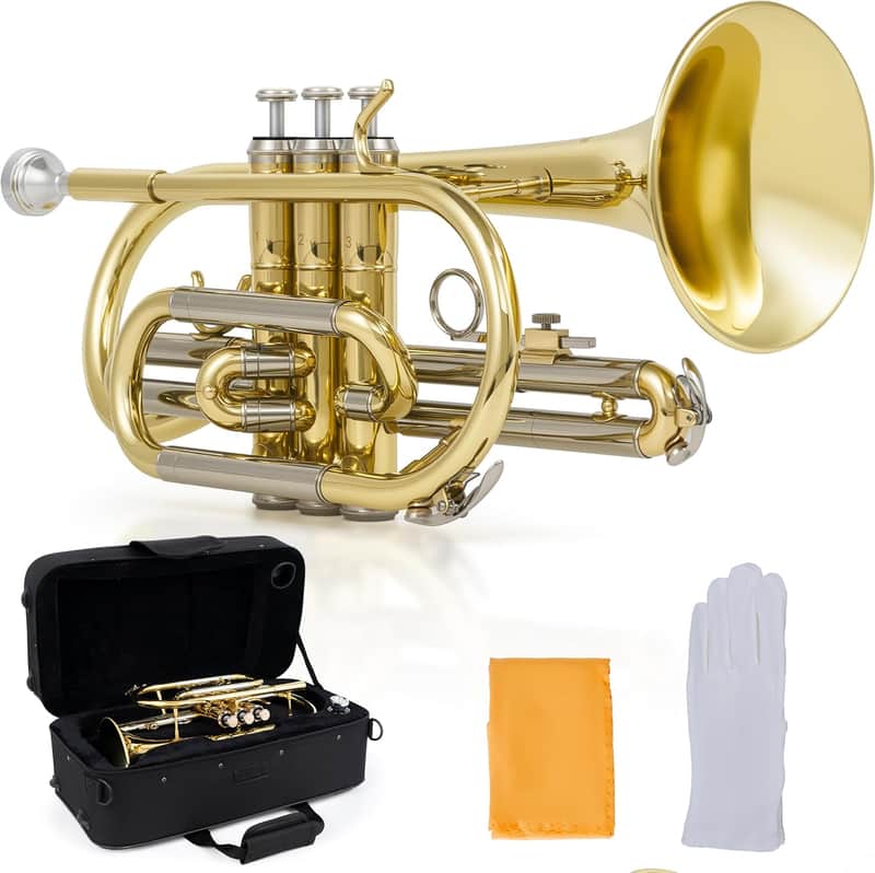 Bb Cornet Kit: Warm Tone with Gold Brass Leadpipe, Hand-Hammered Bell, Smooth Valve Action, Includes Hard Case, Mouthpiece, Gloves, Cloth image 1