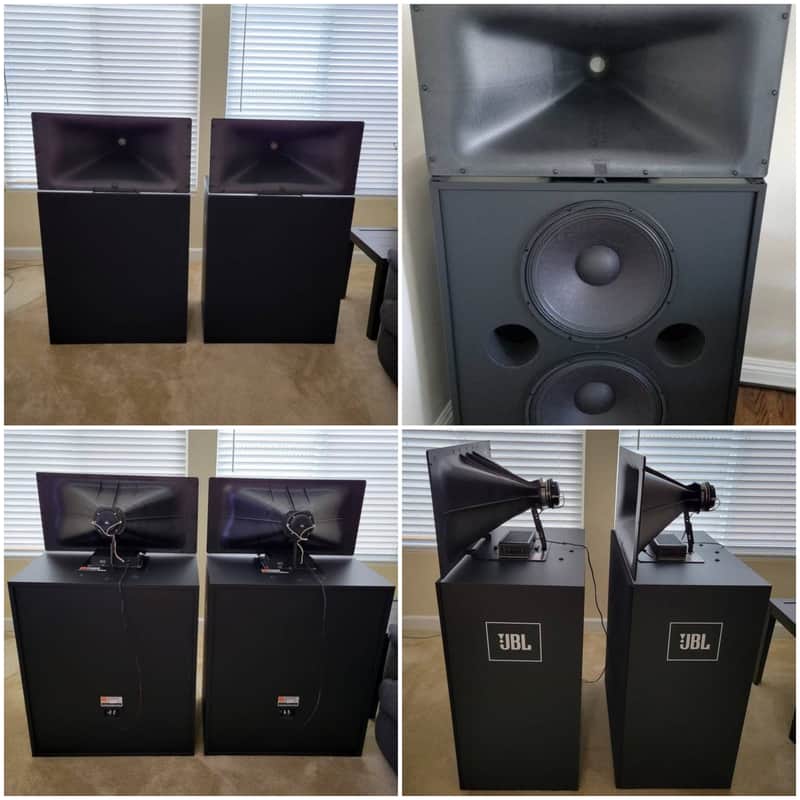 JBL 4722N Audiophile Speakers (Horn + dual 15” LFD) w/Custom Grilles + Wood Stands! image 1