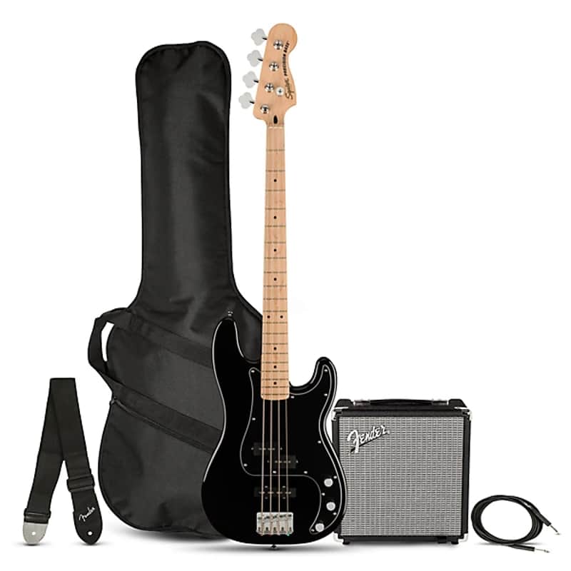 Squier Affinity Series Precision Electric Bass PJ Pack, Maple Fingerboard, Black, Gig Bag, Rumble 15 - 120V image 1