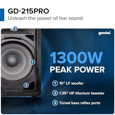 Gemini Sound GD-215PRO & GD-L215PRO 1300-Watt Professional PA Speakers with Bluetooth, LED Party Lighting, 3-Channel Mixer, and TWS Linking – Ultimate DJ and Event Sound Solution (GD-215PRO) image 4