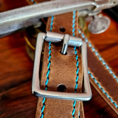 Hand Made, Hand Stitched Guitar strap "Rockatansky" in Taupe & Turquoise- Vegetable Tanned Leather image 10