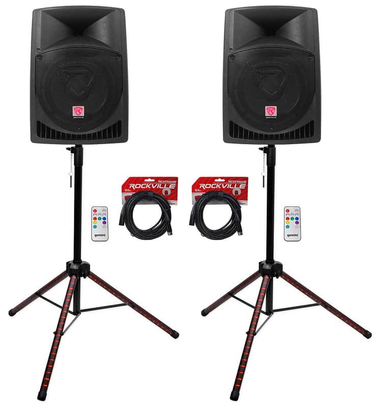 (2) Rockville RPG12 12" Powered Active 800 Watt DJ PA Speakers+LED Stands+Cables image 1