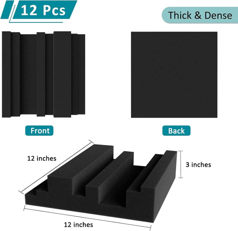 Thickened 12 X 12 X 3 Inch Acoustic Foam Panels in Diffusion Pattern, 12 Pcs High Density Sound Absorbing Foam Diffuser, Soundproof 3D Wall Padding Tiles for Recording Studio Home Office image 1
