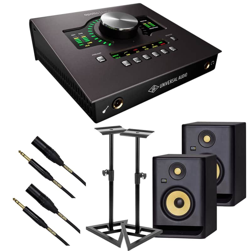 Universal Audio Apollo Twin X DUO Thunderbolt 3 Heritage Edition, (2) KRK RP5G4 Monitors, Monitor Stands, (2) Mogami XLR to 1/4 Bundle image 1