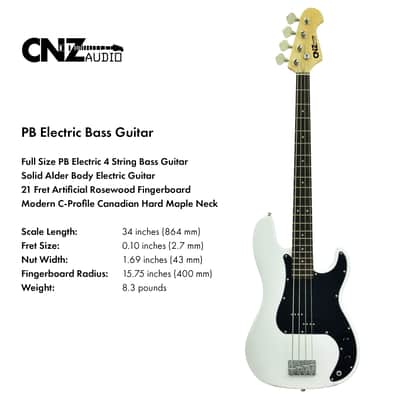 CNZ Audio PB Electric Bass Guitar - Rosewood Fingerboard, Maple Neck, White Finish image 6