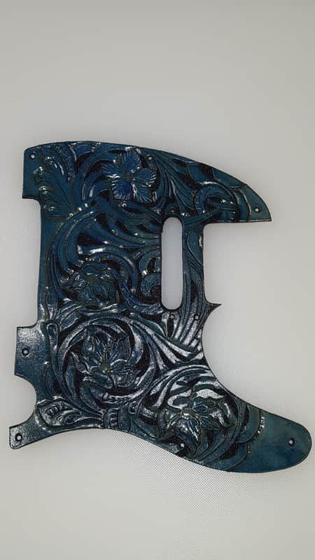 Leather pickguard fits  Fender Telecaster 2018   "Floral Riffs"  turquoise and black image 1