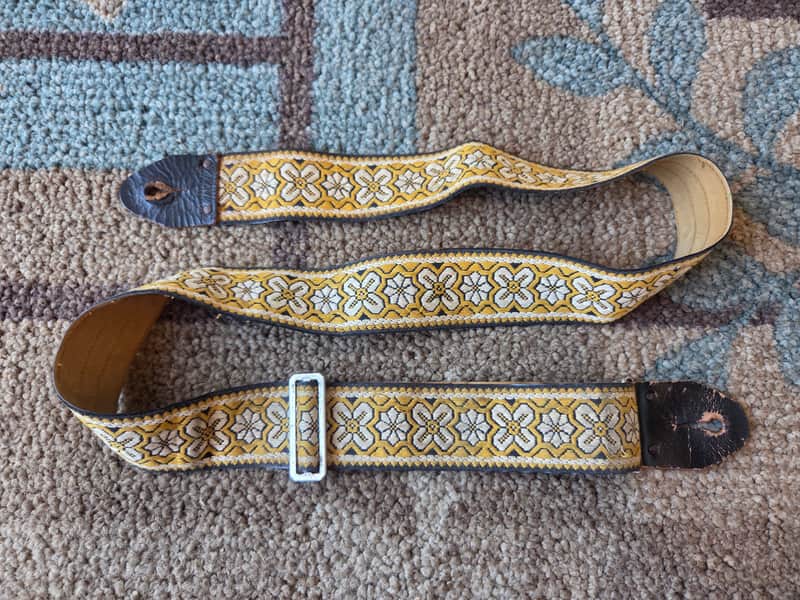 Vintage 1960's Ace-Style Guitar Strap! Yellow Floral Pattern, Metal Buckle! Rare, Original Case Candy! image 1