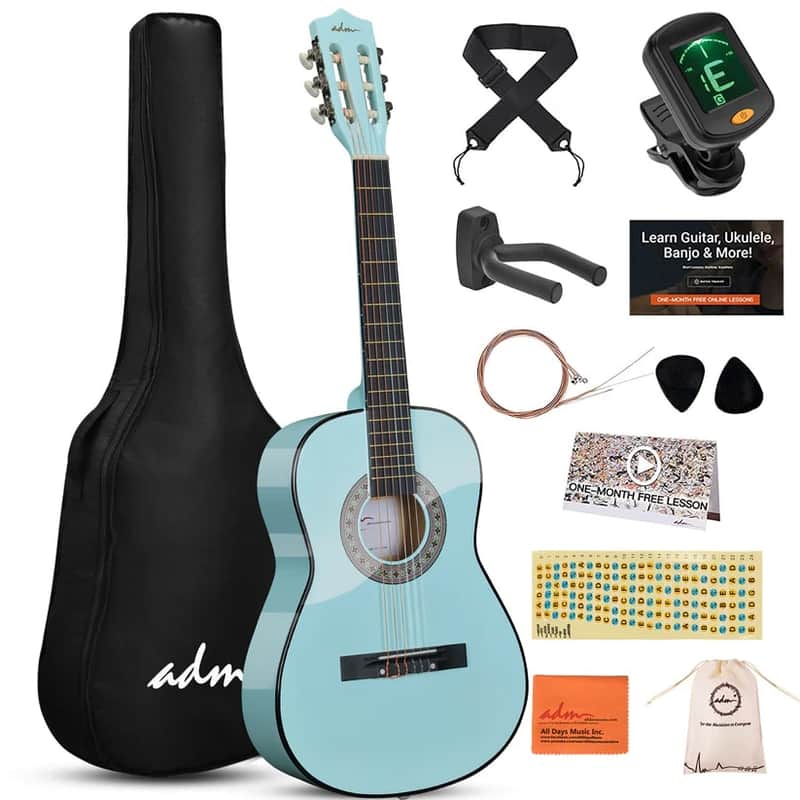 ADM Beginner Acoustic Classical Guitar 38 Inch Nylon Strings Wooden Guitar Bundle Kit for Kid Boy Girl Student Youth Guitarra Online Lessons with Gig Bag, Strap, Tuner, Strings, Cyan Green image 1