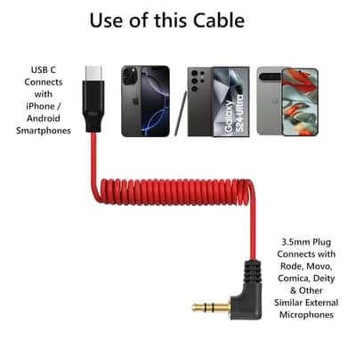 USB C to 3.5mm TRS Microphone Cable for Rode, Movo, Comica, Deity & Other External Mic, Compatible with iPhone 15/16, Samsung Galaxy, LG, Pixel & Android Devices with USB C Port image 2