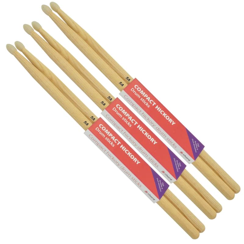 Chord Hickory Compact Drumsticks 5A NYLON TIP Bundle of 3 Pairs image 1