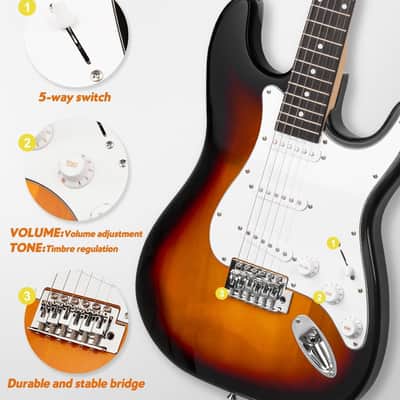 Electric Guitar Beginner Kit, Solid Body 39" Full Size Electric Guitar SSS Pick Up for Starter, with 5W x 2 Amp, Bag, Digital Tuner, Capo, Strap, String,Cable, Picks image 3