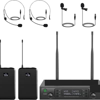 Dual UHF Wireless Microphone System，Auto-Scan Cordless Mic Set w/ 2x100 Frequencies, 2 Bodypacks & Headsets/Lapel Microphones for Speaking, Singing, Church, DJ image 1