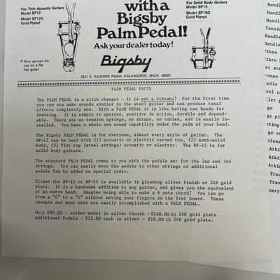 1980's Bigsby Palm Pedal Promotional Sheet + parts price list + bigsby dealer price list image 4