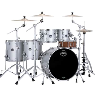 Mapex SE628XBPD Saturn Evolution Birch/Walnut Workhorse 5-Piece 10/12/14/16/22 Drum Kit Set in Iridium Silver Lacquer with Chrome Hardware image 1