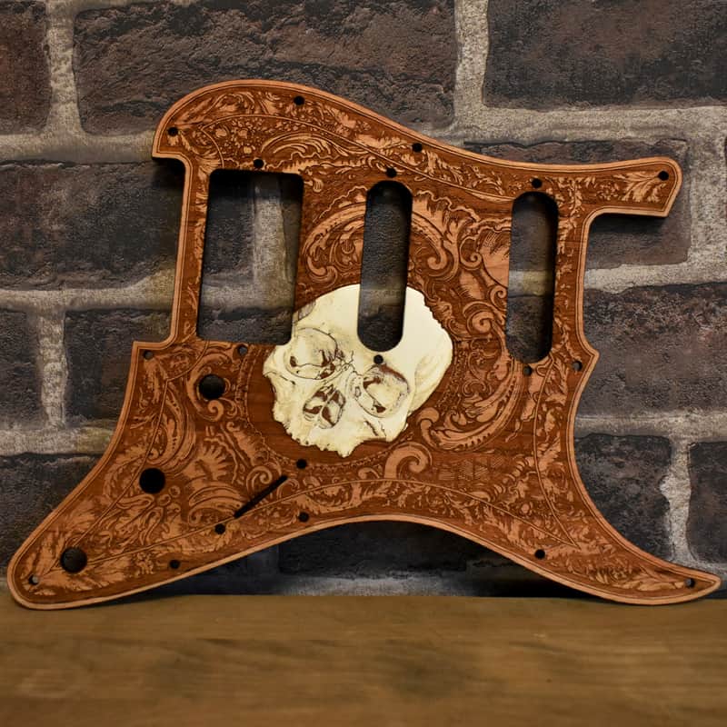 Wood Pickguard for Stratocaster HSS and SSS Hand Painted and Laser engraved Real Cherrywood with Unique Artwork "Stumble" image 1