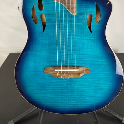 Ortega Tourplayer Thinline Acoustic-Electric Classical Guitar, Flamed Maple Top, Blue image 5