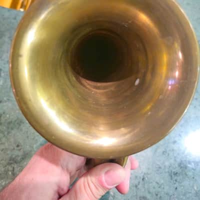 Vintage Brass Hunting Horn 1960s England or France Nickel Plated Mouthpiece Chain image 11
