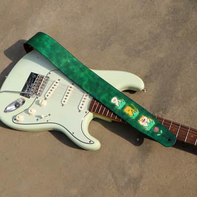 burnyblack custom made guitar strap - animals in forest leather/green image 6
