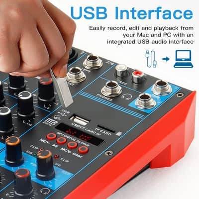 4 Channel Audio Mixer Portable Mini Sound Board Console with USB Audio Interface 48V Phantom Power Bluetooth USB MP3 DJ Mixer for Live Performance DJ Stage image 4