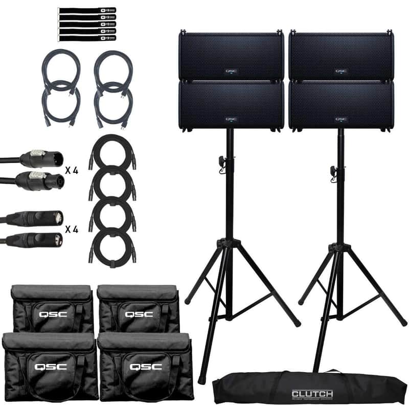 QSC LA108 8" Active Powered Line Array DJ PA Speakers 4 Pack w Stands & Cases image 1