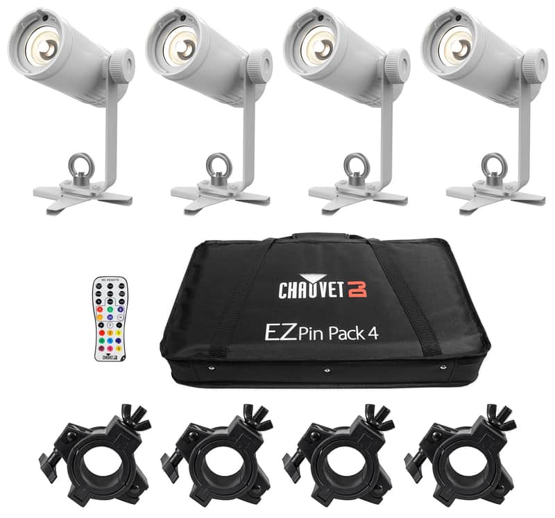 Chauvet DJ Ezpin Pack 4 EZpin Pin Spot Light Fixtures+Remote+Case+(4) O Clamps image 1
