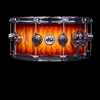 DW 6.5x14 Rich Red Burst over Super Quilted Maple Exotic Snare Drum, Chrome Hardware image 1