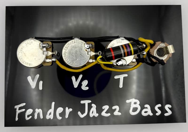 Fender Jazz Bass wiring harness (two volume and one tone) Bumblebee 0.047uF paper in oil capacitor image 1