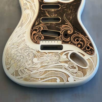White Fender Strat Guitar Body Custom Laser Engraved Copper Mirror Pickguard with Tremolo Cover HSH, HSS, SSS Setup Available image 5
