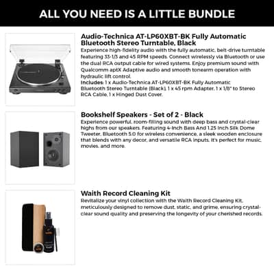Audio-Technica AT-LP60XBT Fully Automatic Bluetooth Belt-Drive Stereo Turntable (Black) with 45 rpm Adapter, 4 Inch Bookshelf Speakers (Pair) and Waith Record Cleaning Kit (Essential Bundle Set) image 2