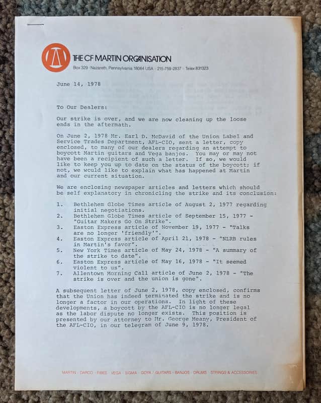 Vintage 1978 CF Martin Strike Information Packet w/ Letter to Dealers! image 1
