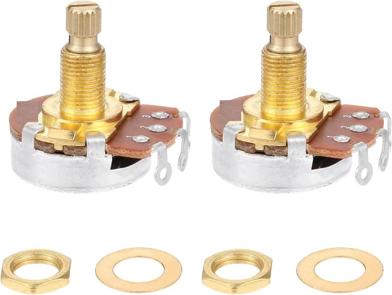 2 Pack Full Size Metric Guitar Bass Pots, 500k Potentiometer Brass Shaft Audio Taper Potentiometers, Guitar Potentiometer for Volume and Tone Short Split Shaft Audio Taper Pot for Electric Guitar Bass image 1