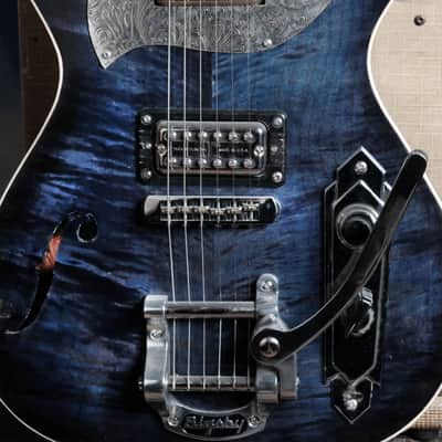 Postal Midnight Special Flamed Maple Blue Silverplate Engraved Pickguard Bigsby image 6