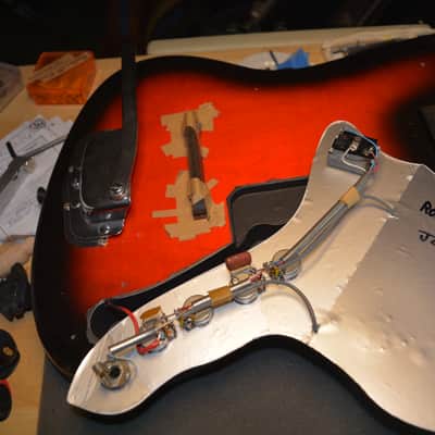 c. 1966 Vintage Harmony Holiday Bobcat, in Redburst w/DeArmond Gold foil PU's. New Black Dunlop Straplocks & New tuners installed, Fret markers installed, Ground installed & Set-Up, plus New Garry Black Hardshell Case image 16