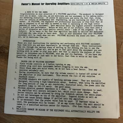 Schematic and owners manual for Polytone Mini-Brute and Mega-Brute 1990s image 2