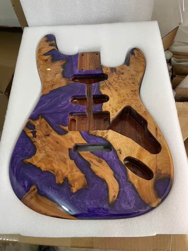 Burl Wood & Purple Epoxy Resin Guitar Body Single-Single-Humbucker pickup setup River table style Resin wood  resin veneer Mahogany strat Electric guitar body SSH image 1