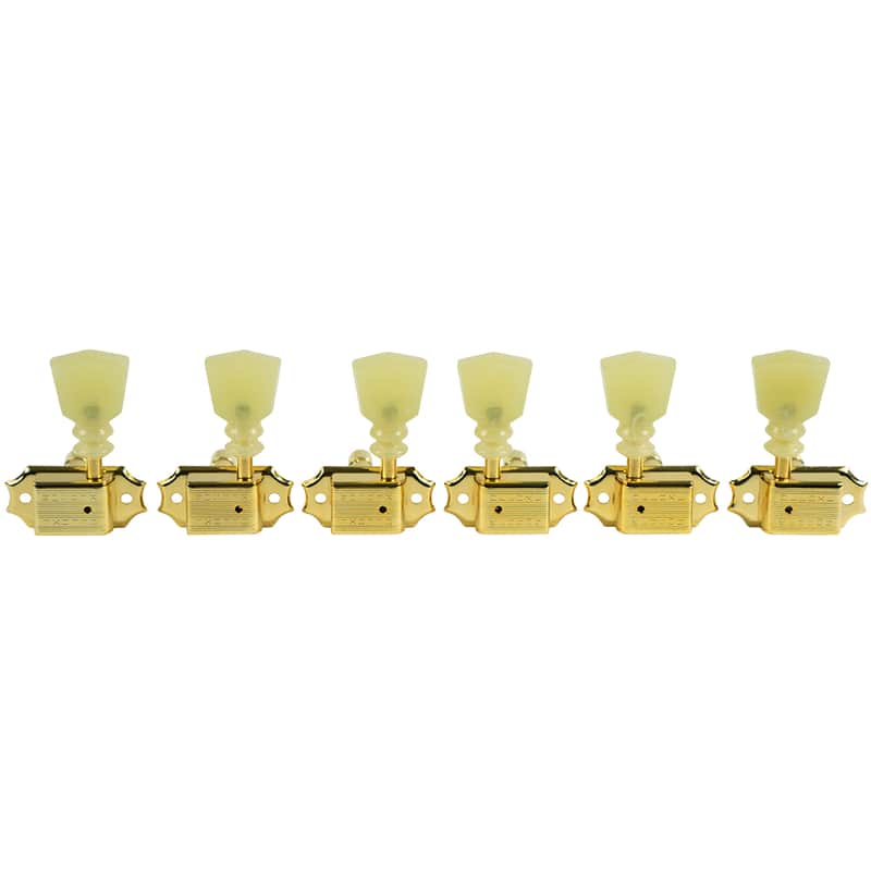 Kluson 3 Per Side Locking Deluxe Series Tuners - Double Line - Gold w/ Double Ring Plastic Keystone Buttons image 1