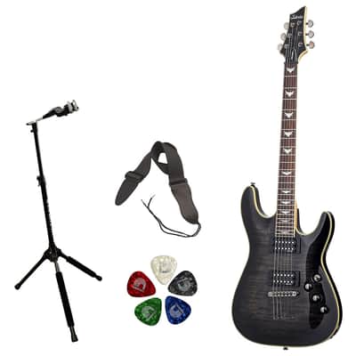 Schecter Omen Extreme-6 Electric Guitar (See-Thru Black) Bundle with Ultimate Support Pro Guitar Stand, Guitar Strap and Classic Guitar Pick (10-Pack) image 1
