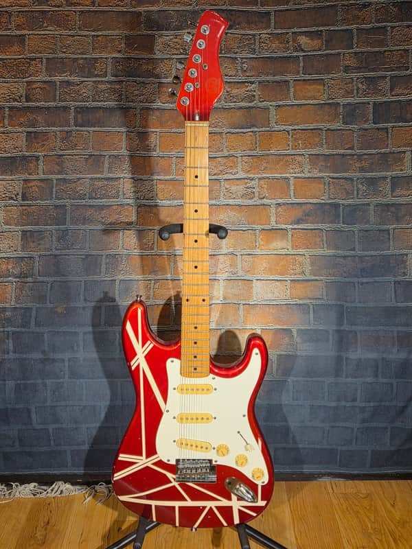 Vintage 1980s Hondo EVH Strat Copy Metallic Red/White Stripes Upgraded Tuners & Set Up image 1