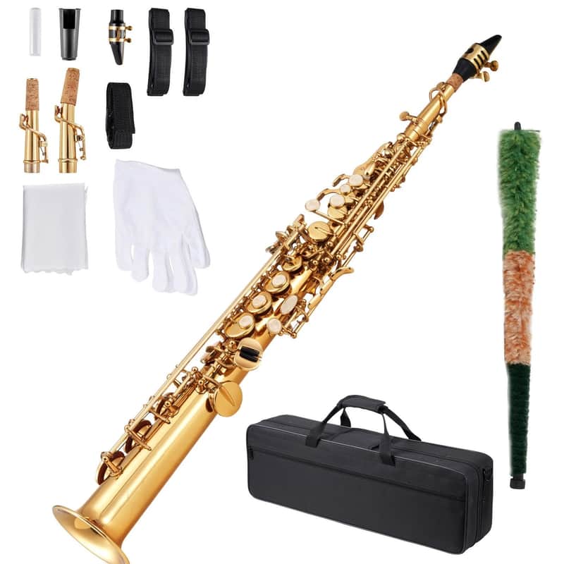 Gold Brass Straight Soprano Saxophone B Flat Sax with Case Straps Mouthpiece image 1