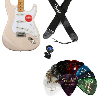 Squier Classic Vibe '50s Stratocaster - White Blonde Bundle with Fender 2" Polyester Logo Strap - Black with White Logo... (4 Items) image 1