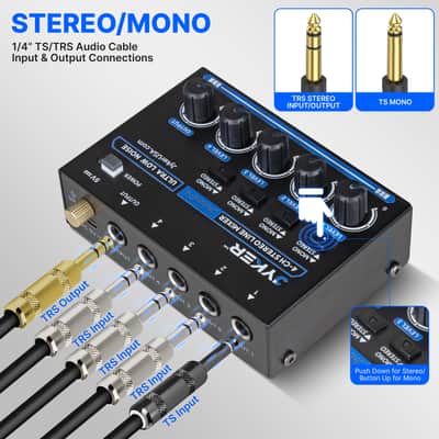 4 Channel Stereo Line Compact Audio Mixer, Mono/Stereo Switch, Low Noise Mixer - JMAMP6 image 5